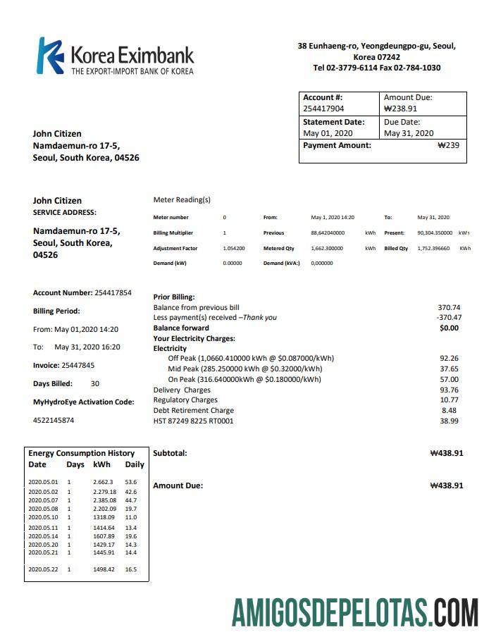 imprimível Modelo Eximbank da Coreia em formato Word e PDF, bom para comprovação de endereço